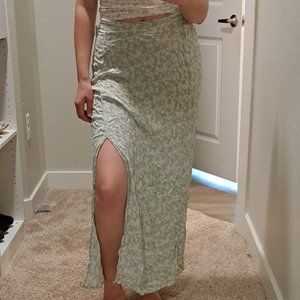 Sage green and white floral summer skirt with slit
